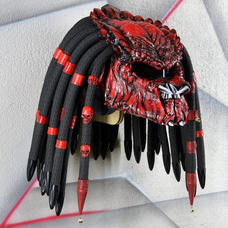 Red Predator mask motorcycle helmet with red dreads, hand-painted