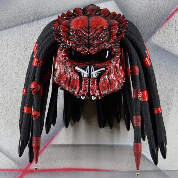 Predator mask motorcycle helmet, red color with red dreads - view 2