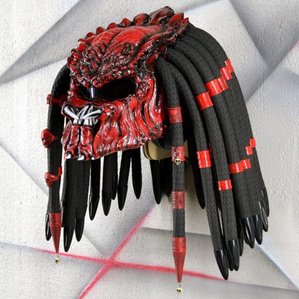 Predator mask motorcycle helmet, red color with red dreads - view 3